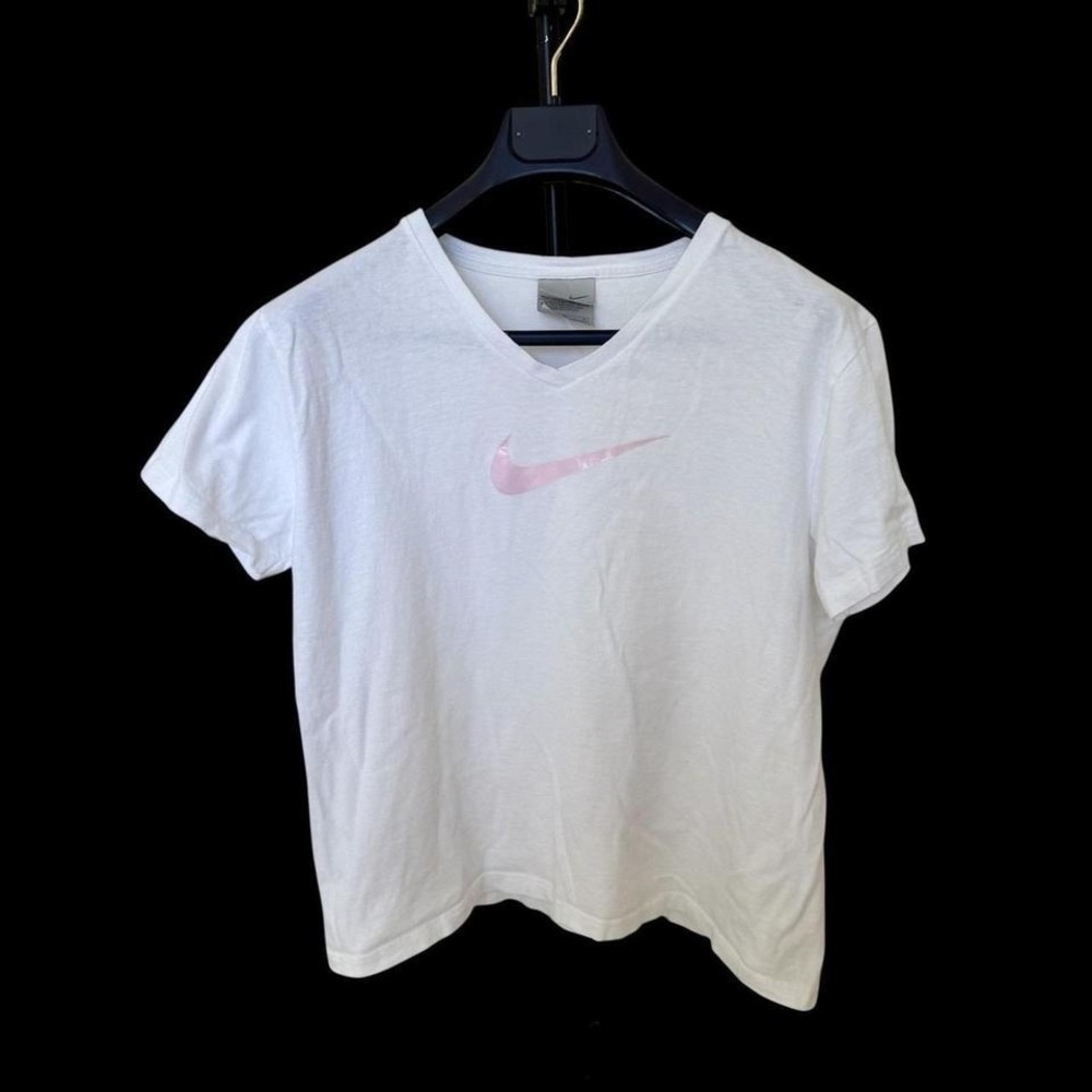 Women's Nike Y2K Pink Swoosh V Neck T-Shirt Sz Medium Silver Tag 2000's